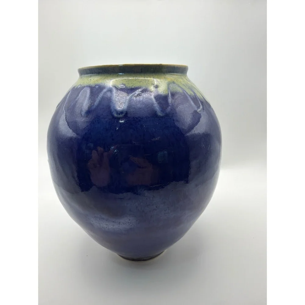M Lee Signed Studio Pottery Vase Cobalt Blue Drip Glaze Round Ceramic 6.5 Inch